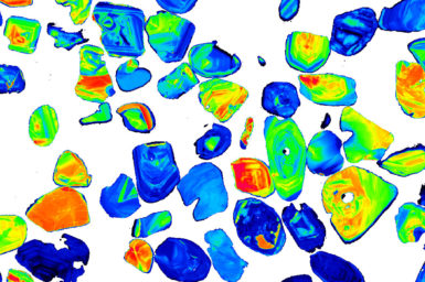 Microscopy image of zircon (ZrSiO4) grains acquired at Microbeam Laboratory showing fine scale growth zones.