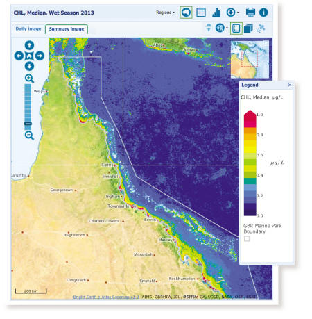 An example image from the Dashboard showing chlorophyll concentration values for the 2013 wet season.